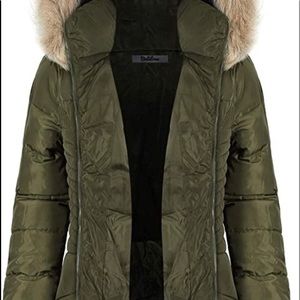Hunter green puffer jacket with faux fur hoodie